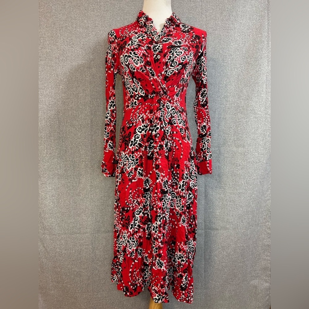 Free People Red Black White Floral Twist-Front Midi Dress
